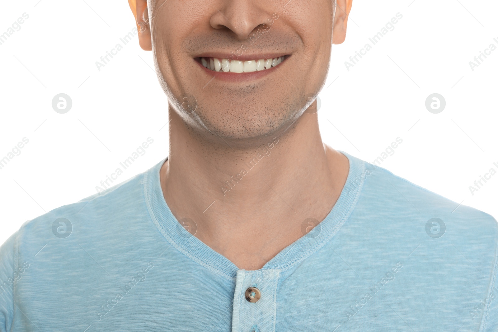 Smiling man after shaving on white background, closeup Photo of Smiling man after shaving on white background, closeup