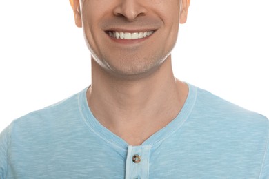 Photo of Smiling man after shaving on white background, closeup