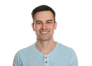 Photo of Smiling man after shaving on white background