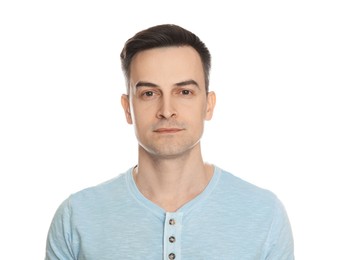 Photo of Handsome man after shaving on white background