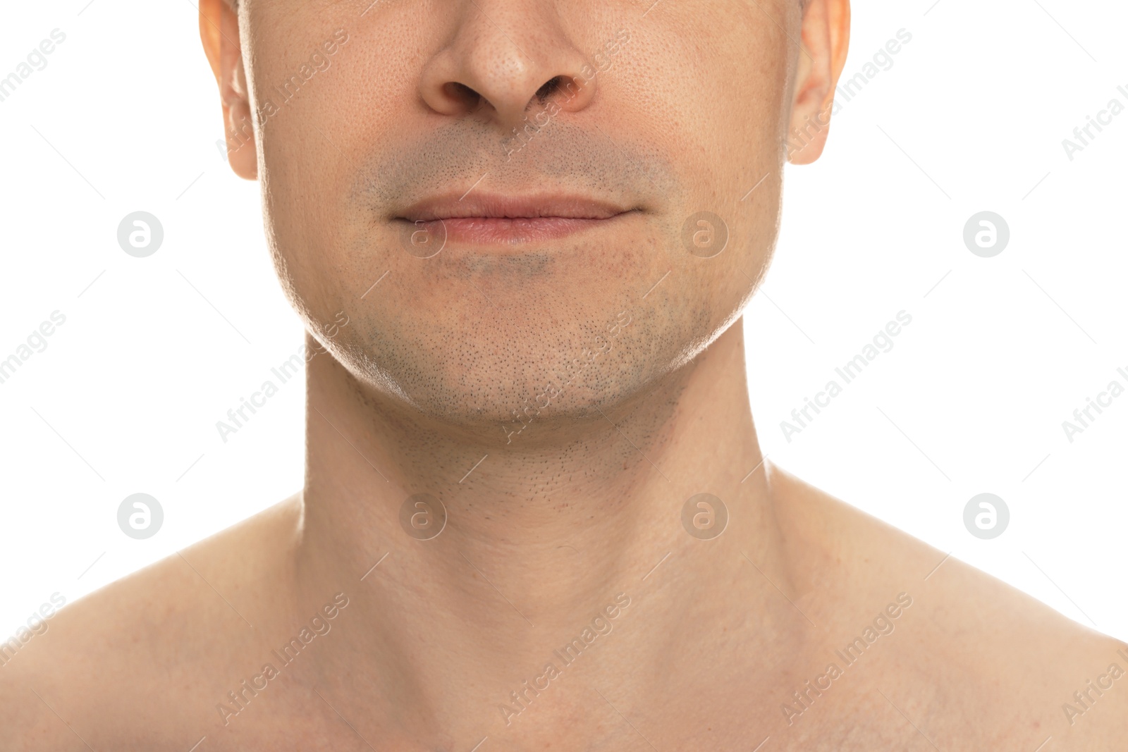 Man after shaving on white background, closeup Photo of Man after shaving on white background, closeup