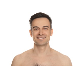 Photo of Smiling man after shaving on white background