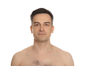 Photo of Handsome man after shaving on white background