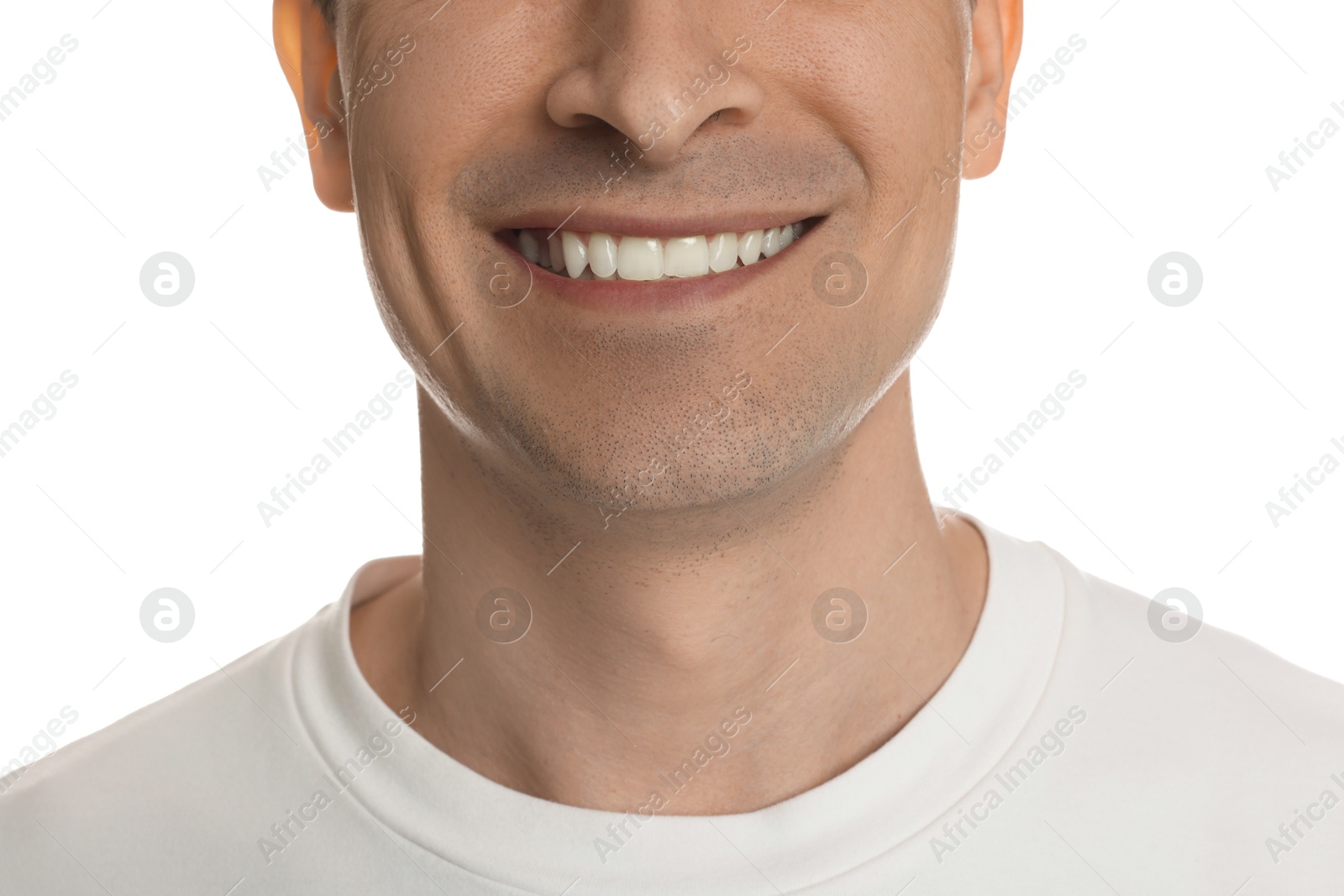 Smiling man after shaving on white background, closeup Photo of Smiling man after shaving on white background, closeup