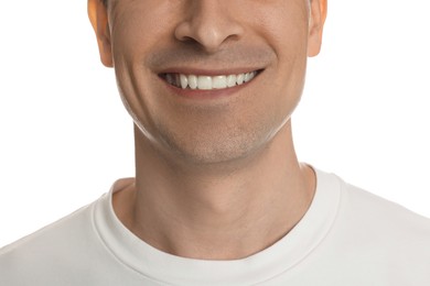 Photo of Smiling man after shaving on white background, closeup