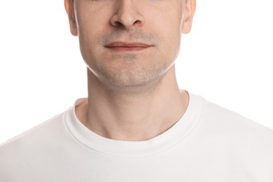Photo of Man after shaving on white background, closeup
