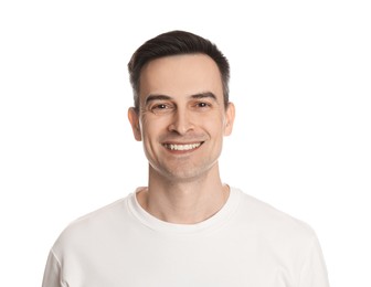 Photo of Smiling man after shaving on white background