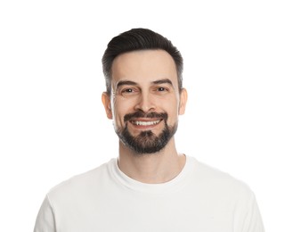 Photo of Smiling man before shaving on white background