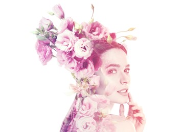 Image of Attractive young woman and eustoma flowers on white background, double exposure