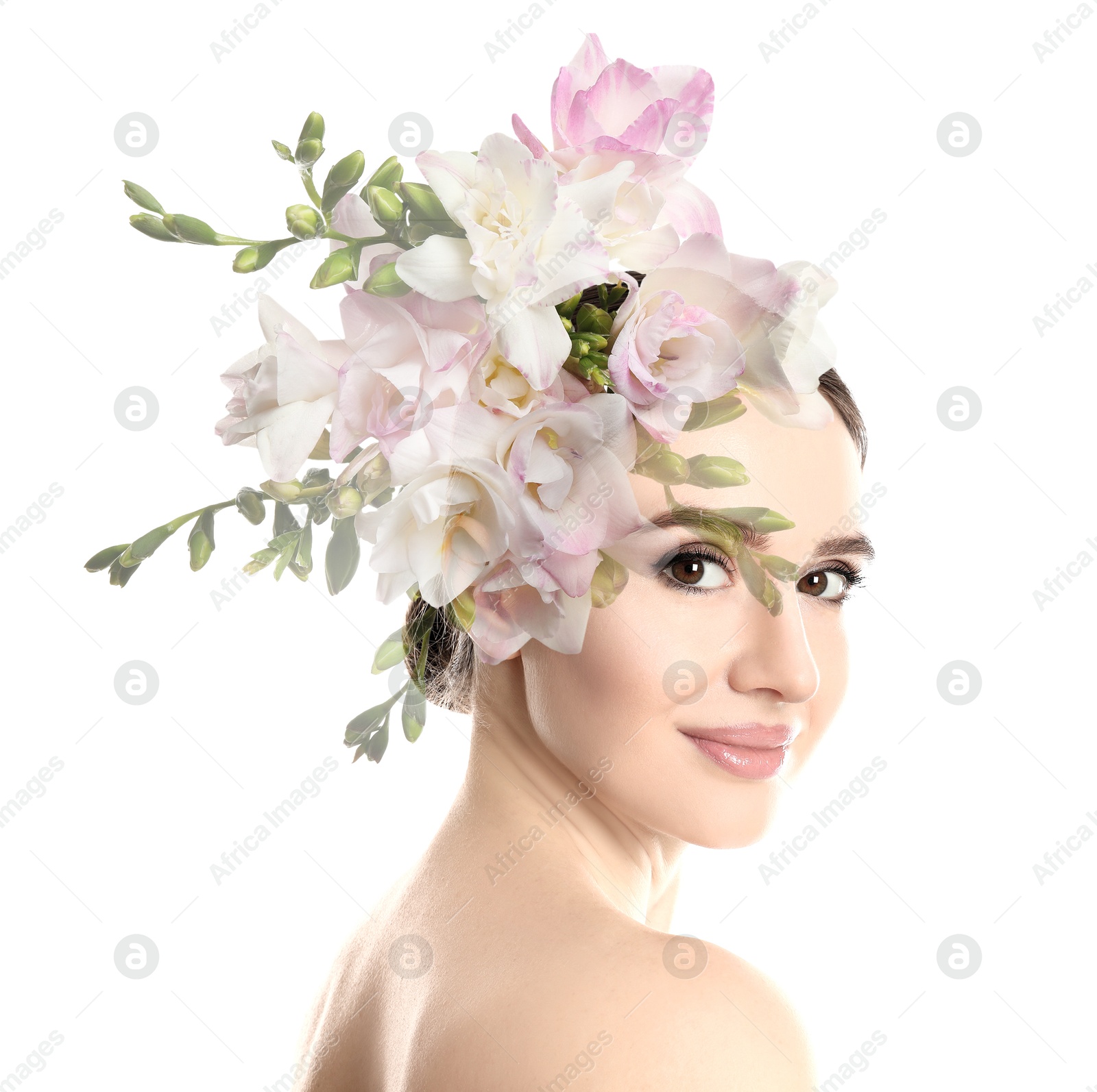 Attractive woman and freesia flowers on white background, double exposure Image of Attractive woman and freesia flowers on white background, double exposure