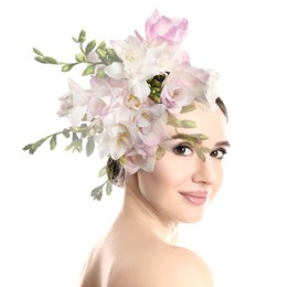 Image of Attractive woman and freesia flowers on white background, double exposure