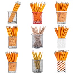 Image of Pencils in different holders isolated on white, set