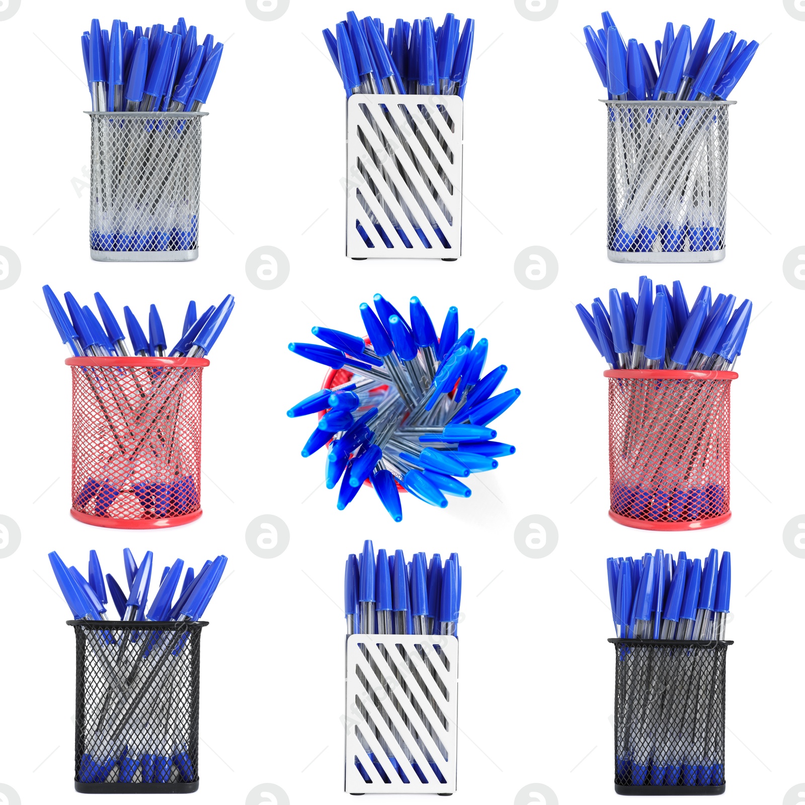 Pens in different holders isolated on white, set Image of Pens in different holders isolated on white, set