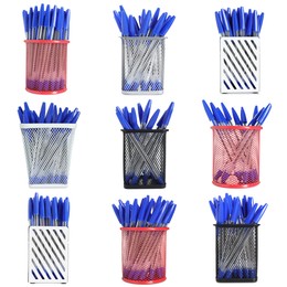 Image of Pens in different holders isolated on white, set