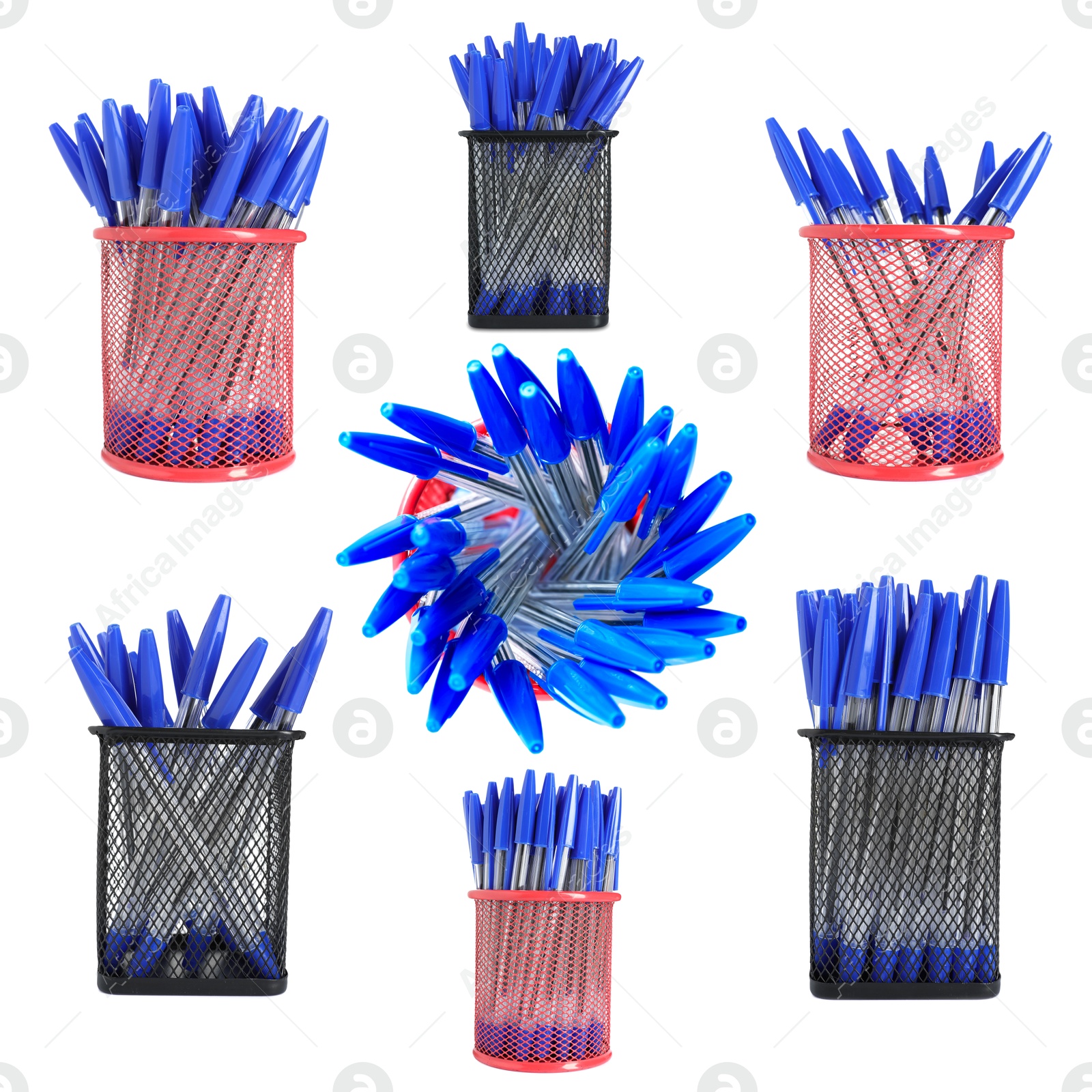Pens in different holders isolated on white, set Image of Pens in different holders isolated on white, set
