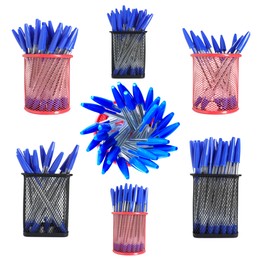 Image of Pens in different holders isolated on white, set