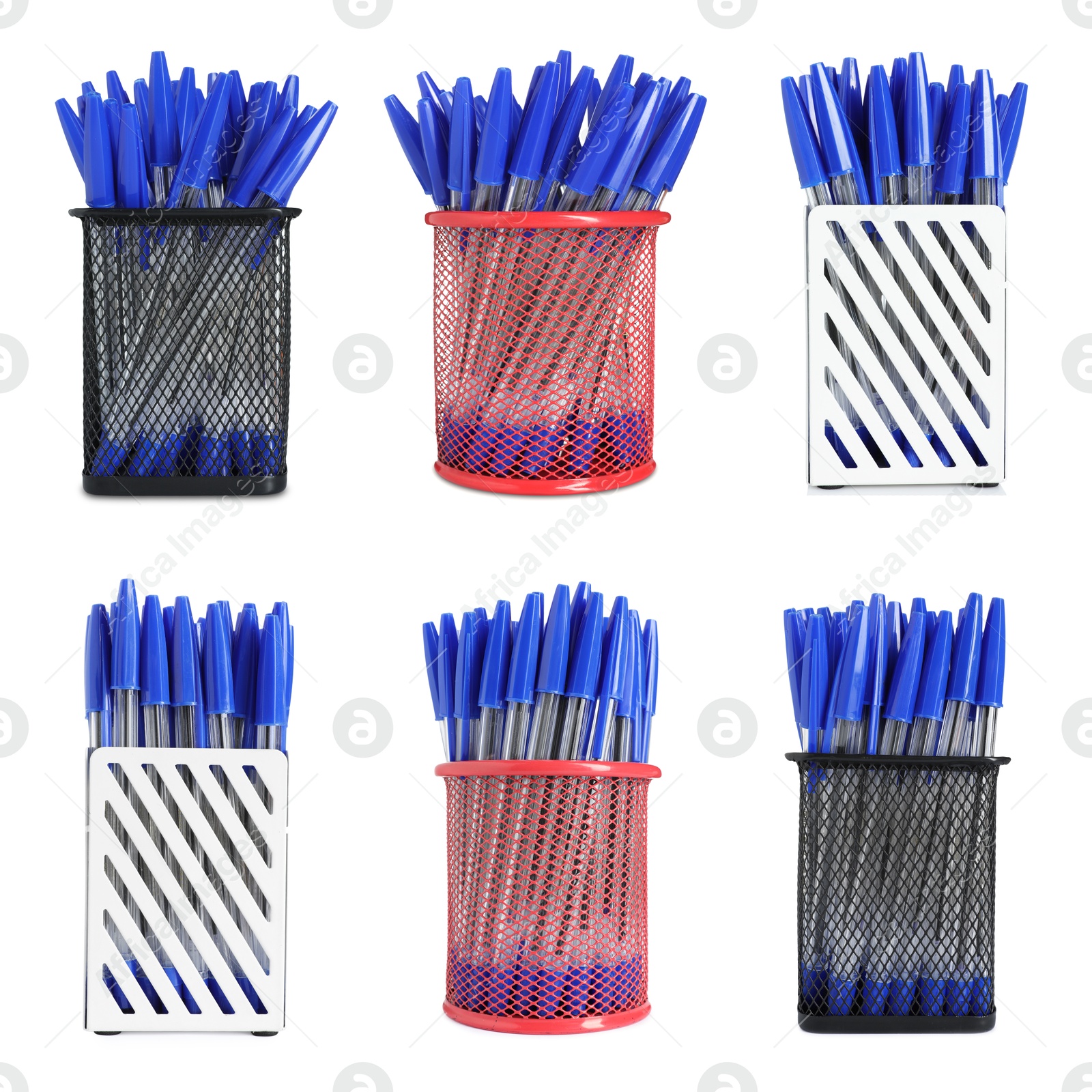Pens in different holders isolated on white, set Image of Pens in different holders isolated on white, set