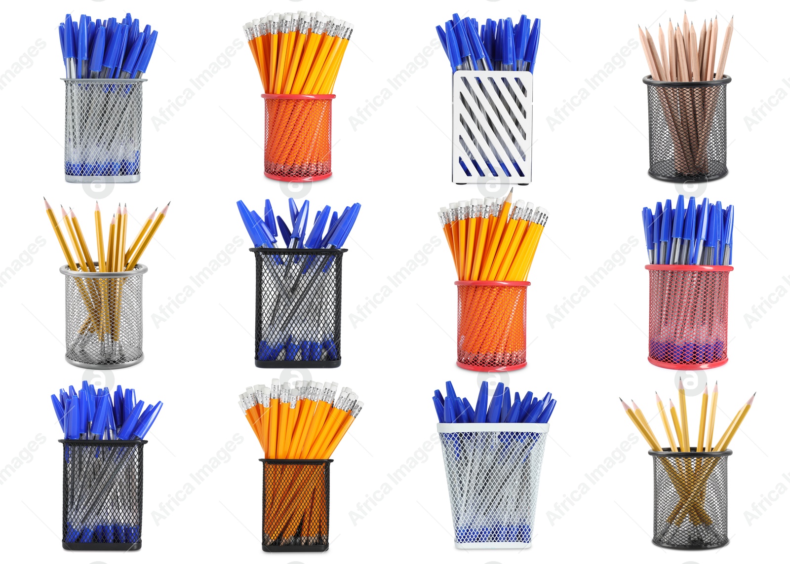 Pencils and pens in different holders isolated on white, set Image of Pencils and pens in different holders isolated on white, set