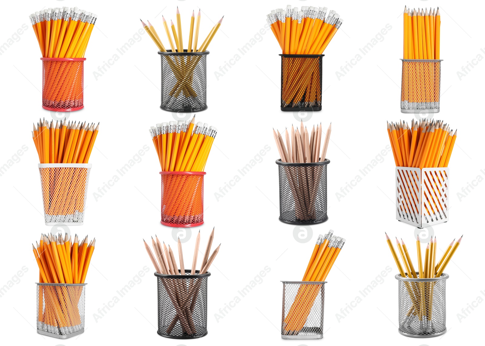 Pencils in different holders isolated on white, set Image of Pencils in different holders isolated on white, set