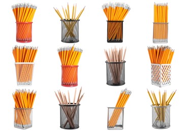 Image of Pencils in different holders isolated on white, set