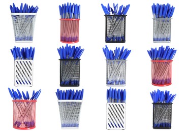 Image of Pens in different holders isolated on white, set