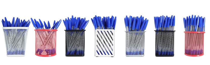 Image of Pens in different holders isolated on white, set
