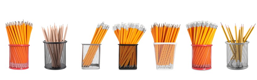 Image of Pencils in different holders isolated on white, set