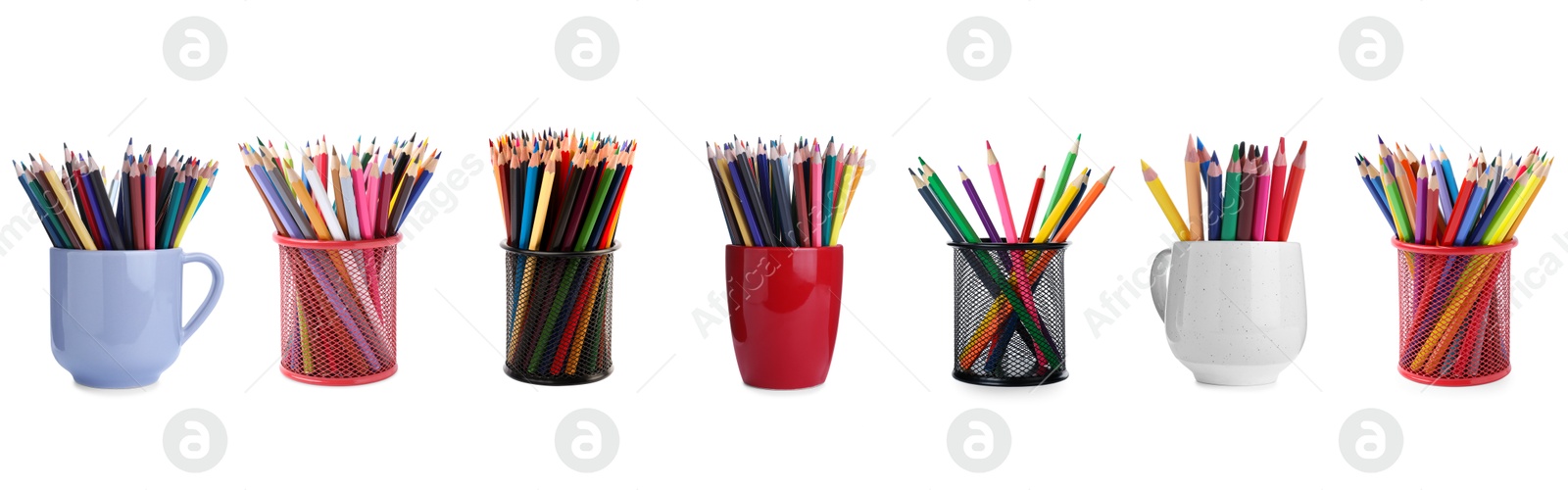 Colorful pencils in different holders isolated on white, set Image of Colorful pencils in different holders isolated on white, set