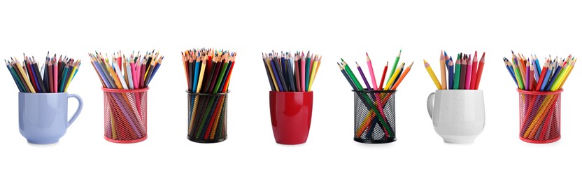 Image of Colorful pencils in different holders isolated on white, set