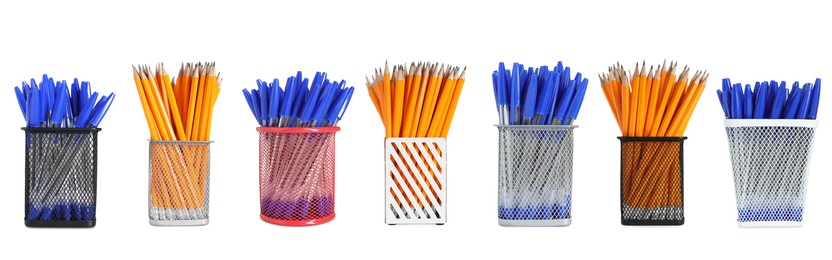 Image of Pencils and pens in different holders isolated on white, set