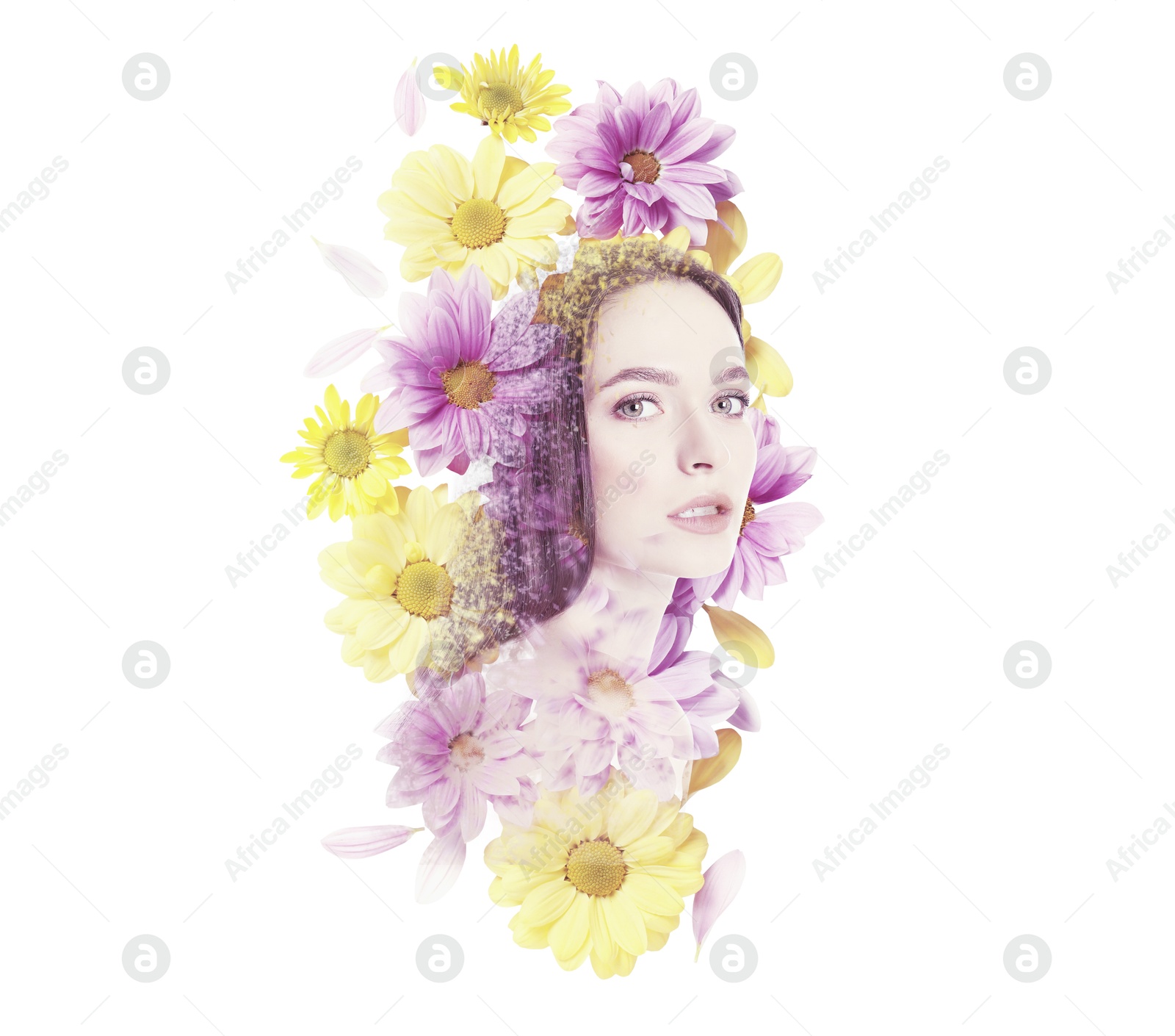 Attractive woman and colorful flowers on white background, double exposure Image of Attractive woman and colorful flowers on white background, double exposure