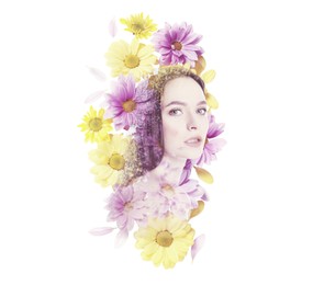 Image of Attractive woman and colorful flowers on white background, double exposure
