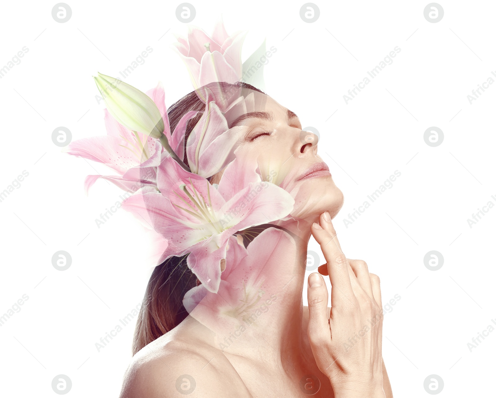 Attractive woman and lily flowers on white background, double exposure Image of Attractive woman and lily flowers on white background, double exposure