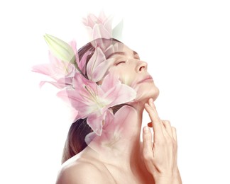 Image of Attractive woman and lily flowers on white background, double exposure