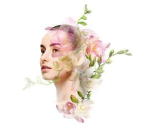 Image of Attractive woman and freesia flowers on white background, double exposure