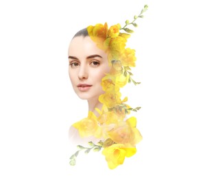 Image of Attractive woman and yellow freesia flowers on white background, double exposure