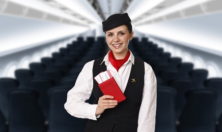 Image of Smiling stewardess holding passport with flight tickets in airplane cabin