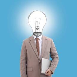 Image of Man with glowing lightbulb instead of head and laptop on light blue background