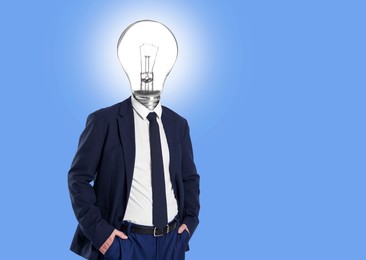 Image of Man with glowing lightbulb instead of head on light blue background. Space for text