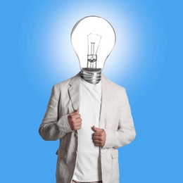 Image of Man with glowing lightbulb instead of head on light blue background