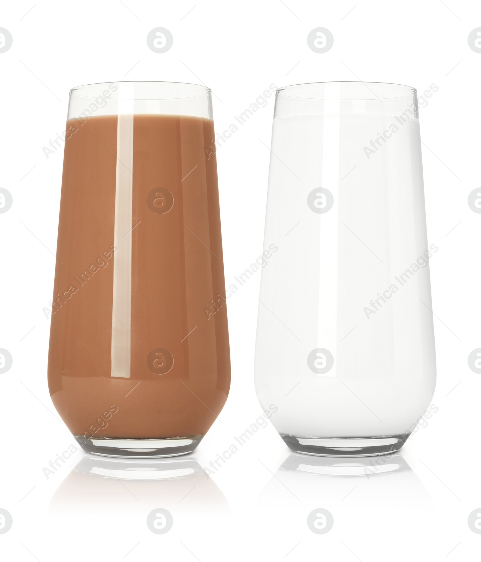 Chocolate drink and milk in glasses isolated on white Image of Chocolate drink and milk in glasses isolated on white