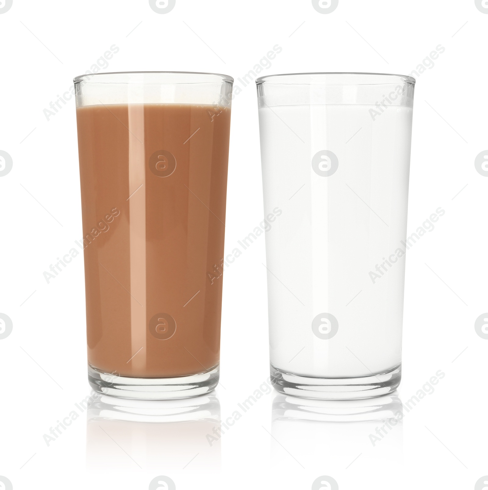 Chocolate drink and milk in glasses isolated on white Image of Chocolate drink and milk in glasses isolated on white