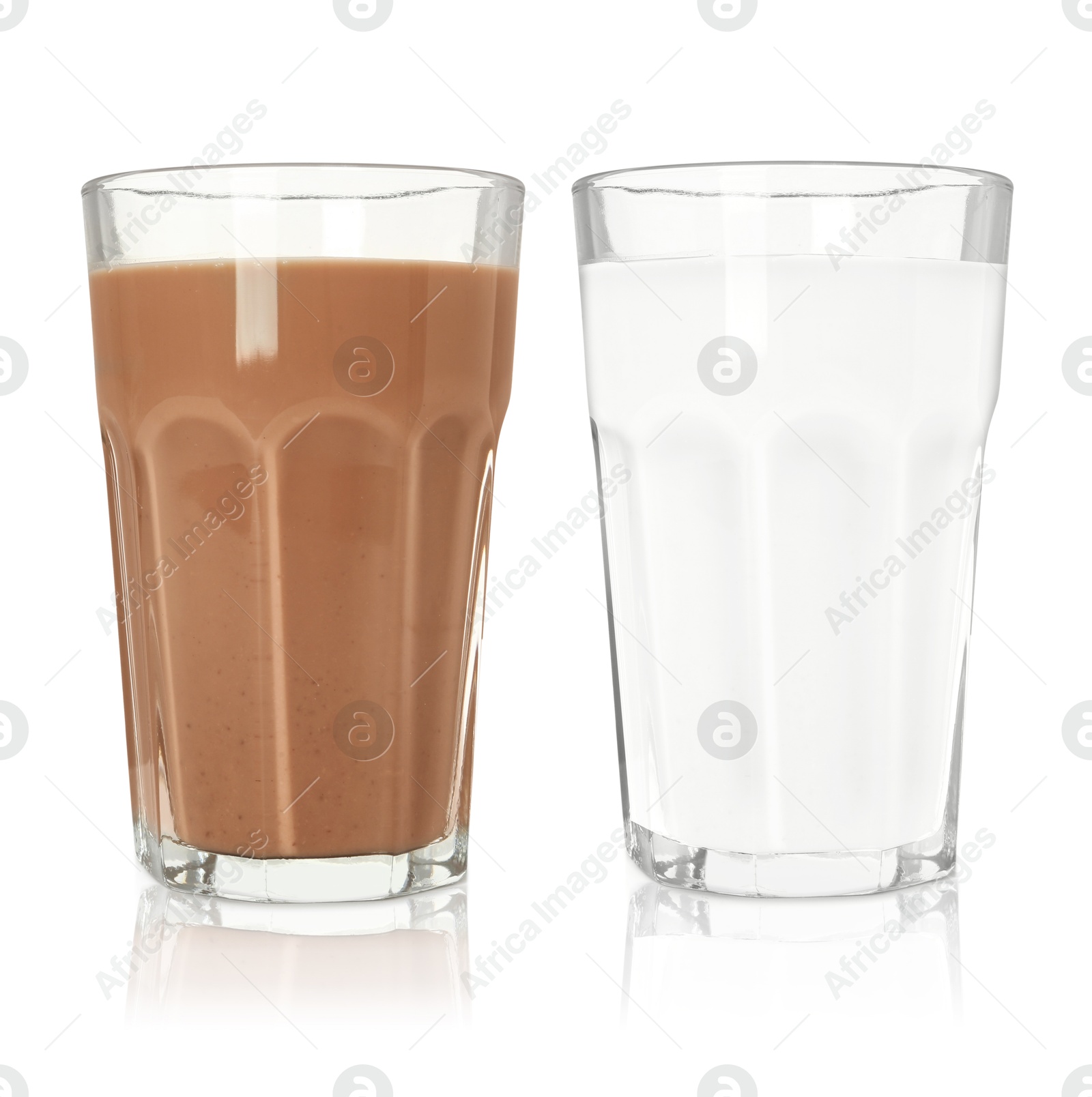 Chocolate drink and milk in glasses isolated on white Image of Chocolate drink and milk in glasses isolated on white