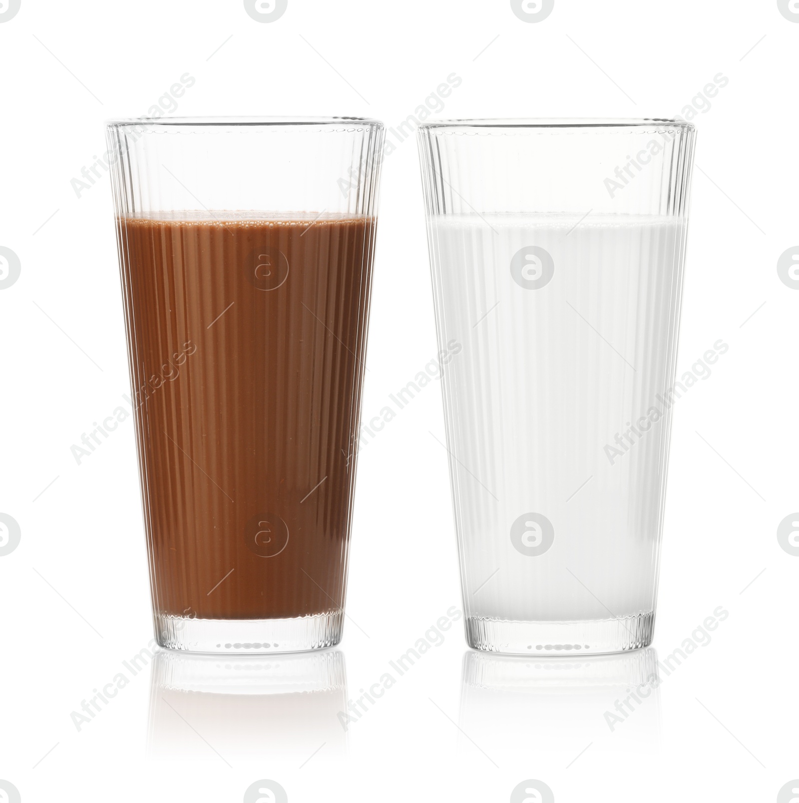 Chocolate drink and milk in glasses isolated on white Image of Chocolate drink and milk in glasses isolated on white