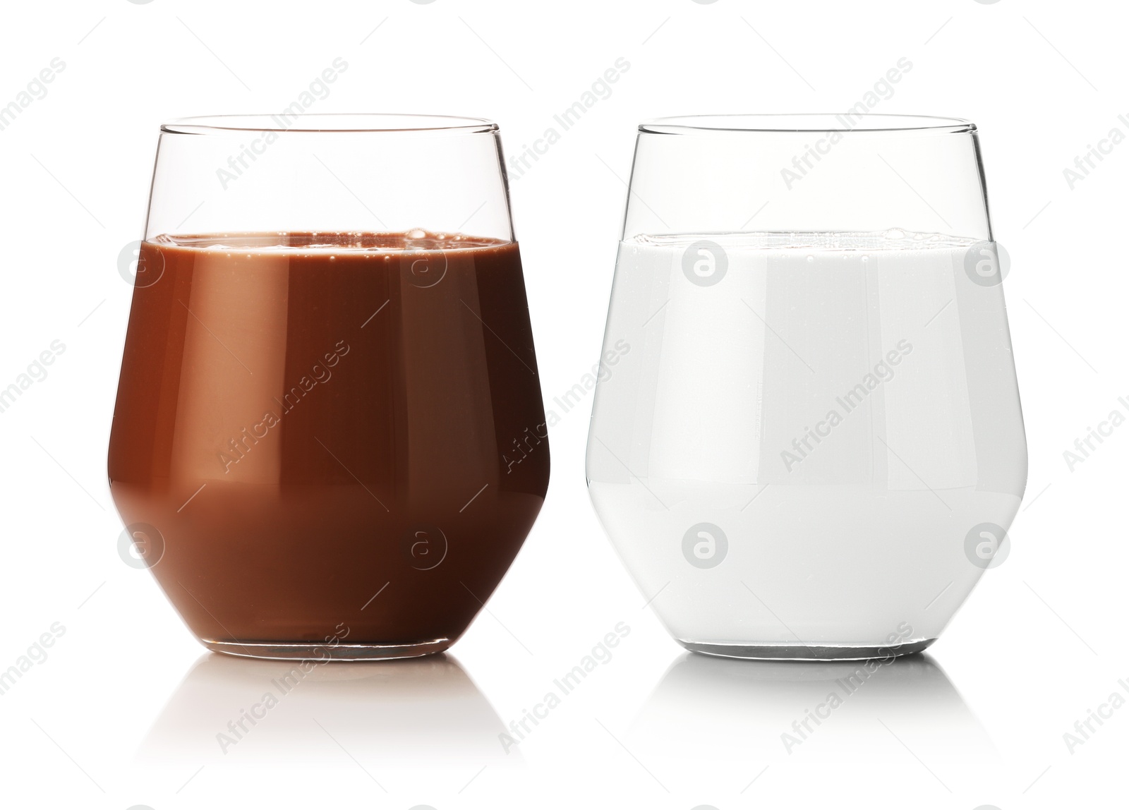 Chocolate drink and milk in glasses isolated on white Image of Chocolate drink and milk in glasses isolated on white