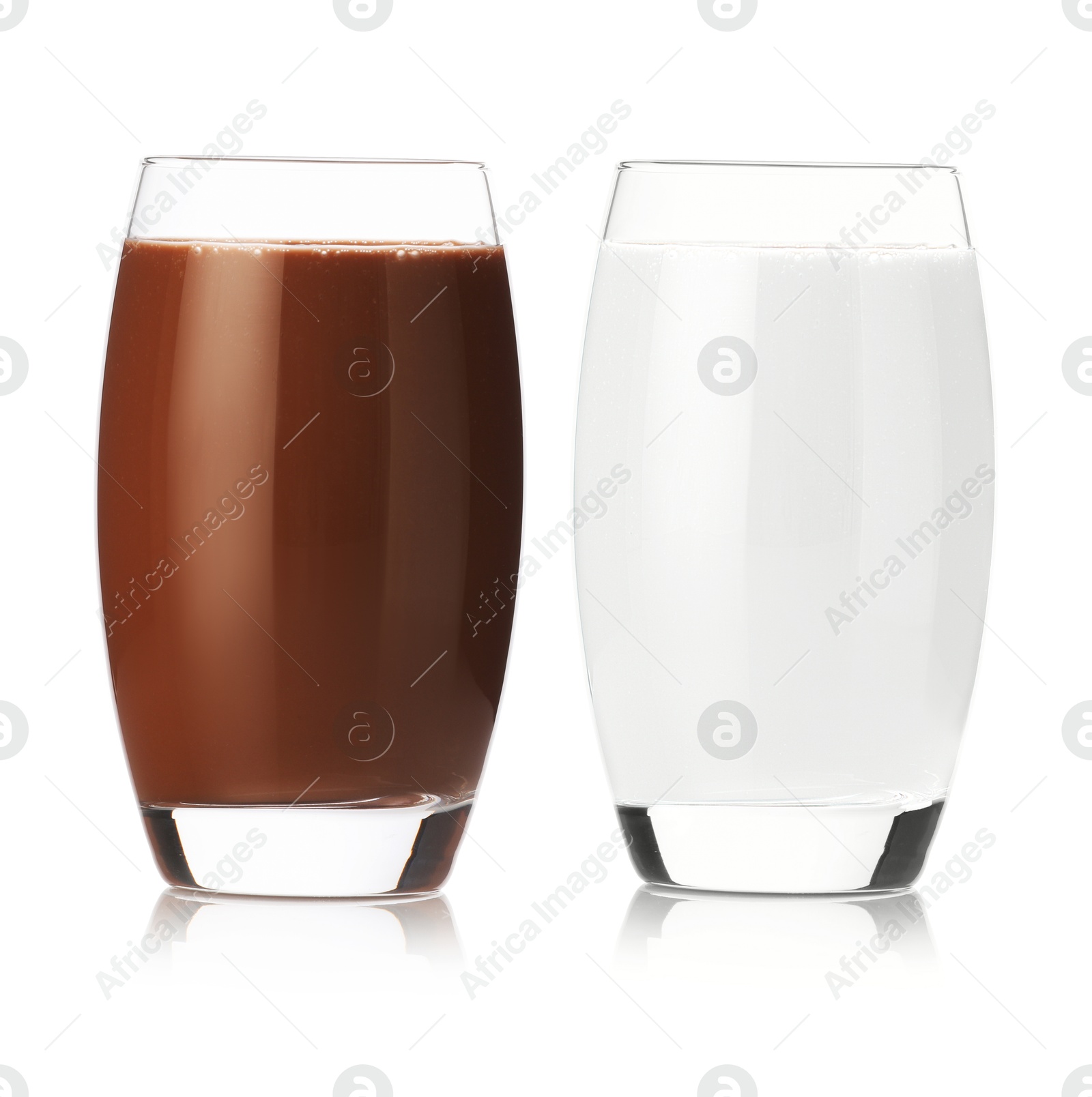 Chocolate drink and milk in glasses isolated on white Image of Chocolate drink and milk in glasses isolated on white