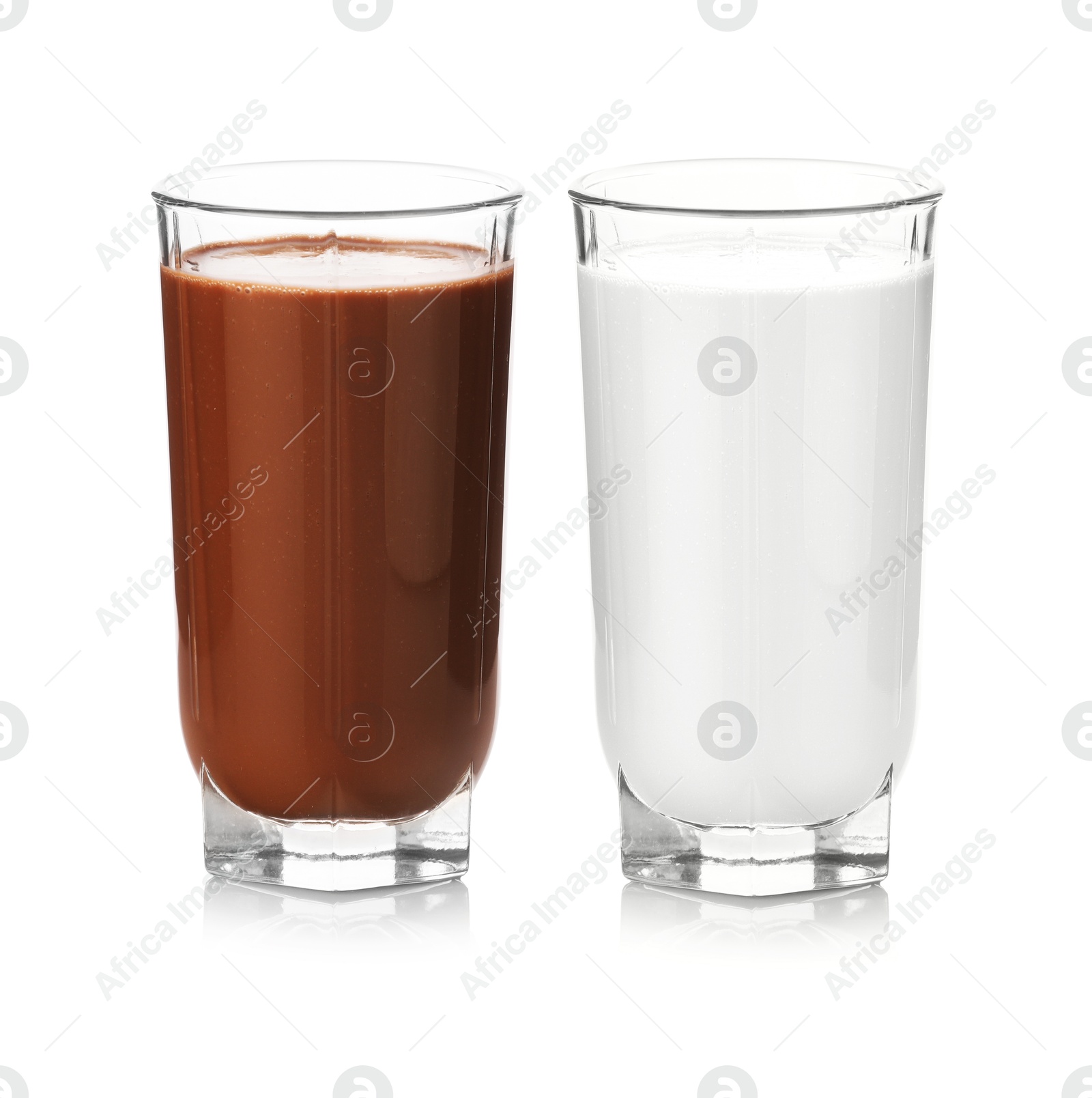 Chocolate drink and milk in glasses isolated on white Image of Chocolate drink and milk in glasses isolated on white