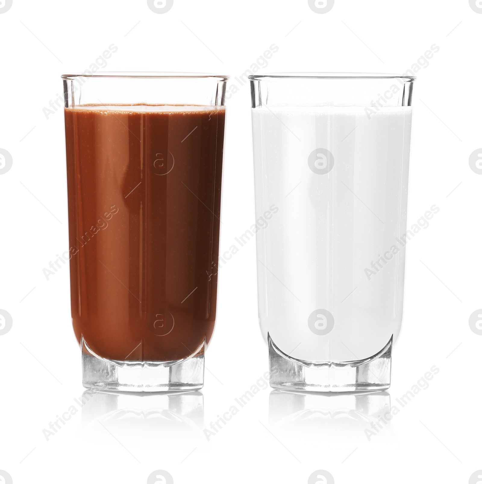 Chocolate drink and milk in glasses isolated on white Image of Chocolate drink and milk in glasses isolated on white