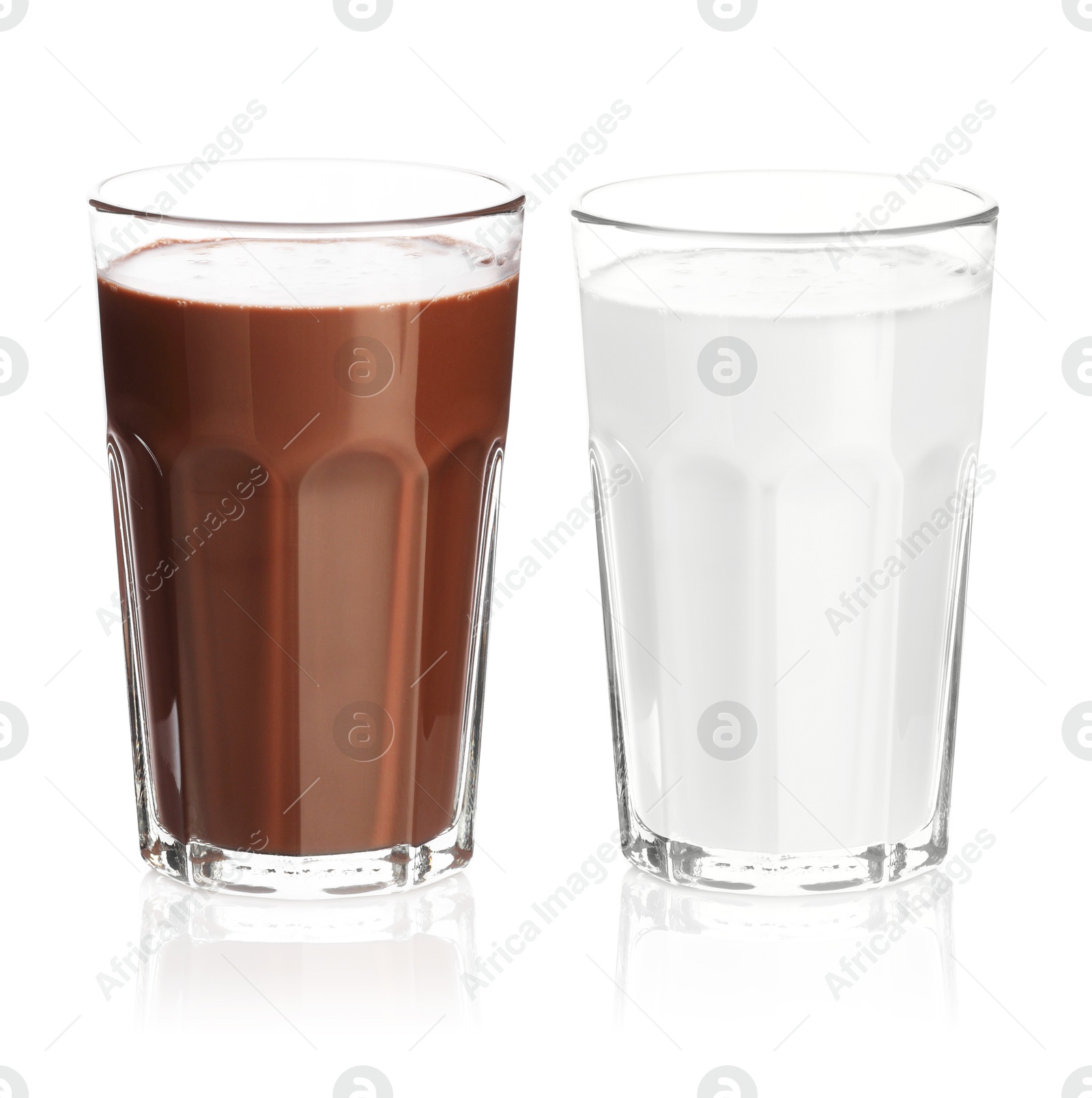 Chocolate drink and milk in glasses isolated on white Image of Chocolate drink and milk in glasses isolated on white