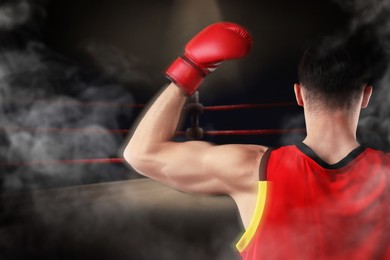 Image of Boxer surrounded by smoke rising hand like winner in ring. Sporting event